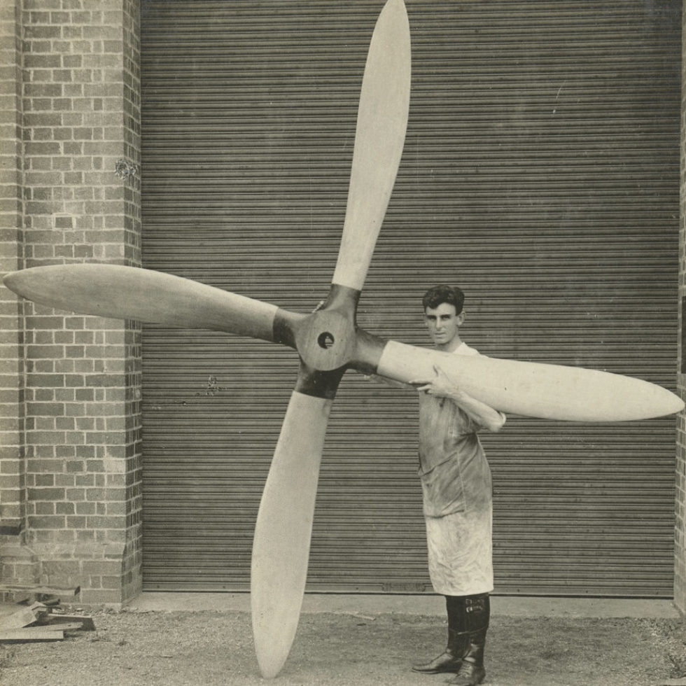 Image: A new propeller for the biplane that is twice as tall a man.