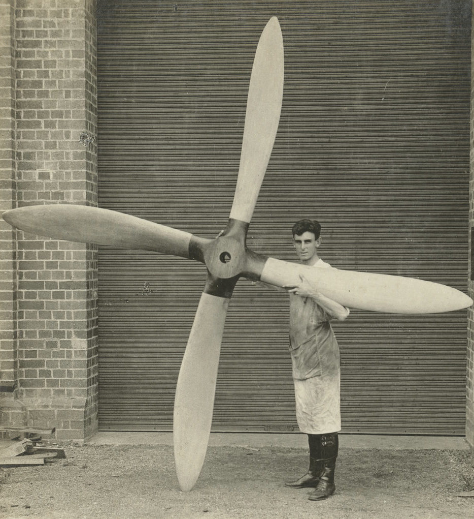 Image: A new propeller for the biplane that is twice as tall a man.