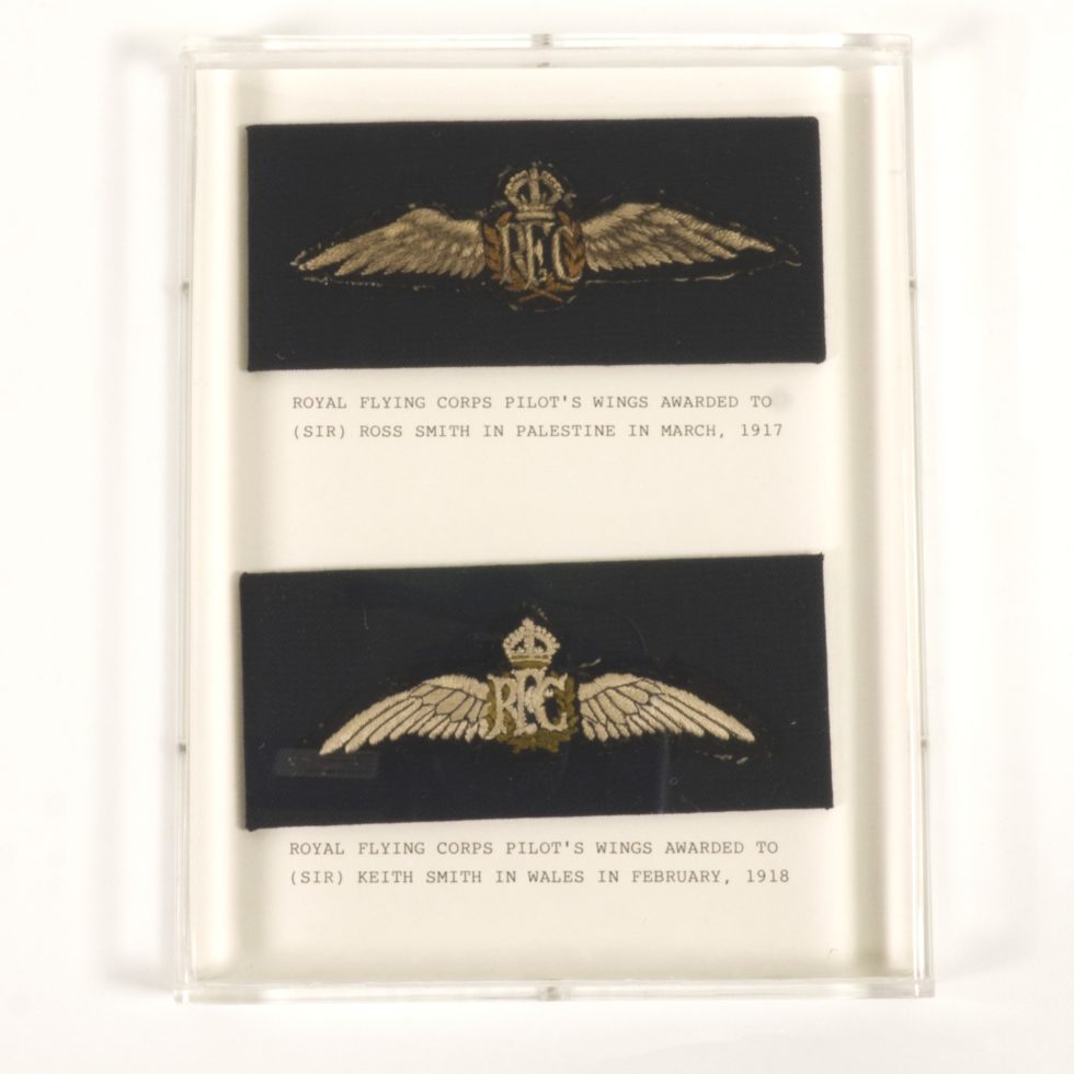 Image: two sets of gold braid wings on navy fabric